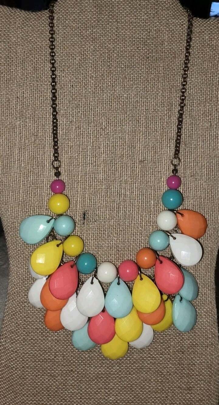 Multicolor Statement Bib Necklace Plastic Teardrop Stones Adj Lobster Clasp